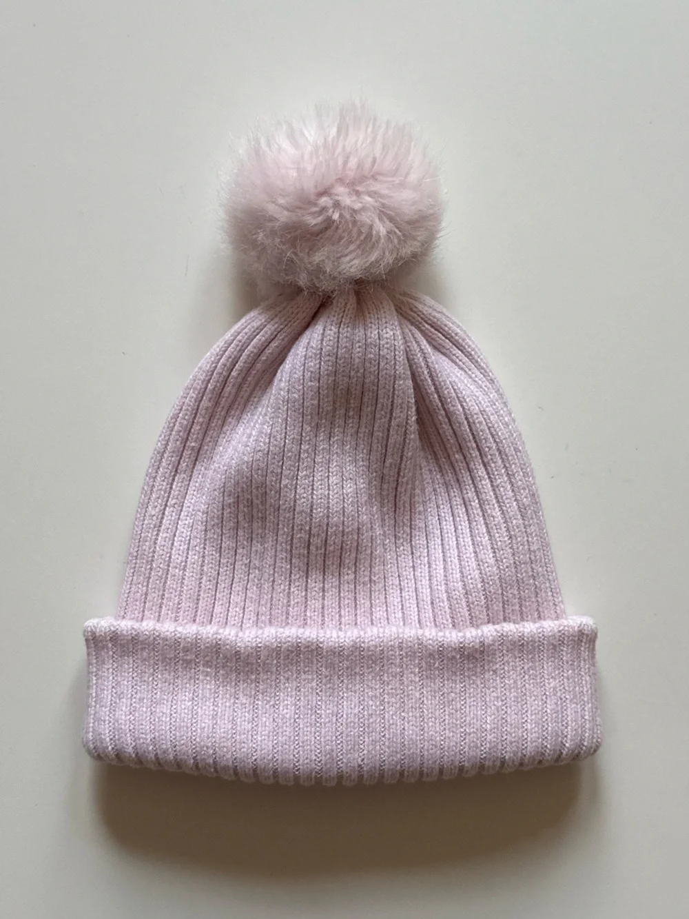 Jacadi Girls Light Pink Ribbed Knit Hat with Pompom - Size 4/5Y